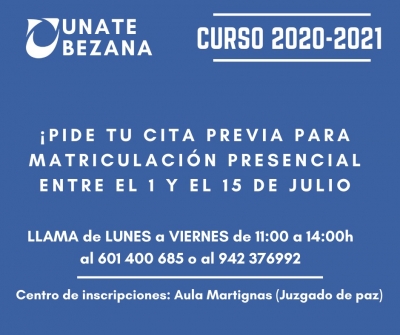 Abierto el periodo de matriculación para el curso 2020-21, de UNATE Bezana